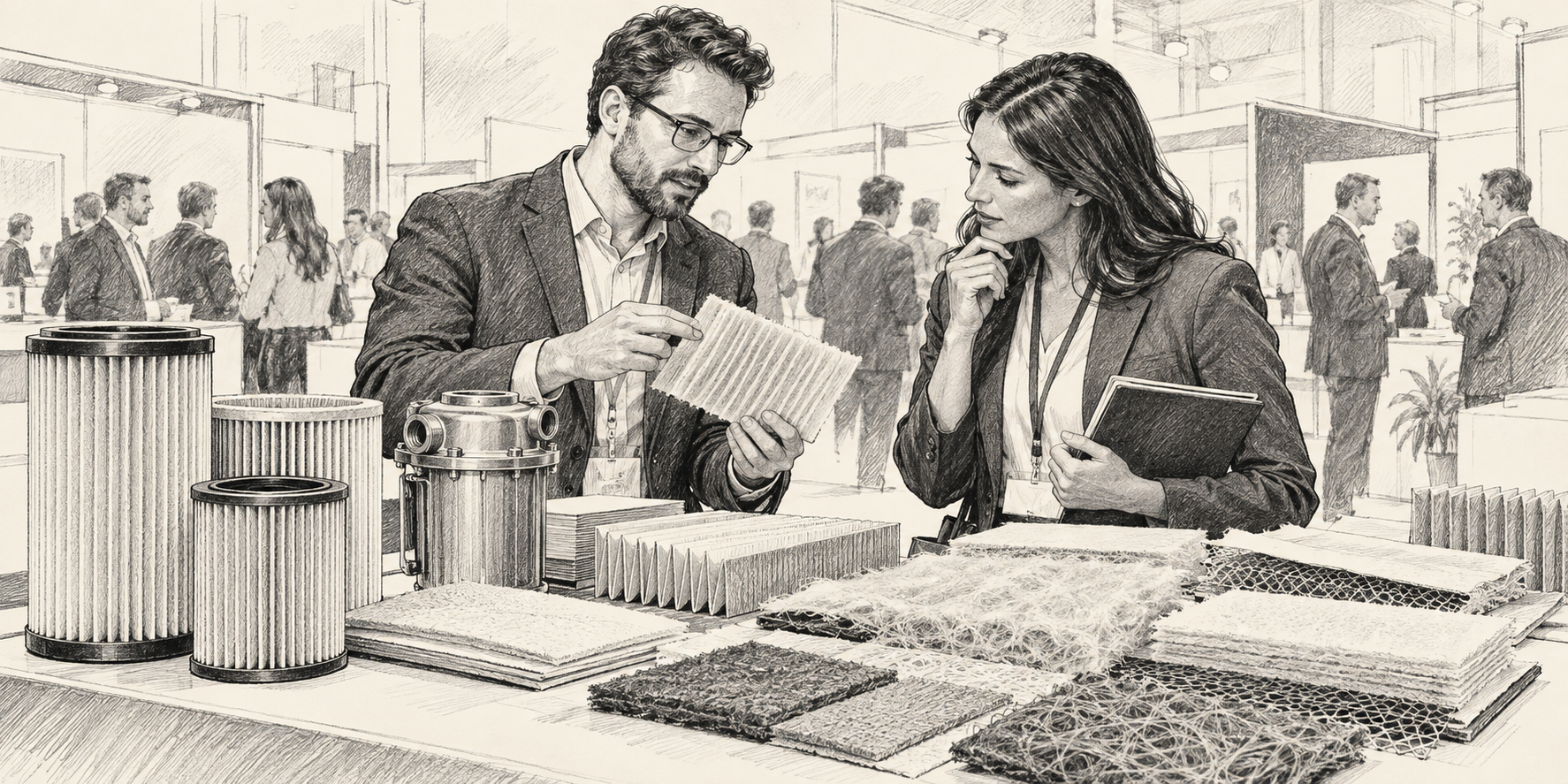 Conceptual illustration of trade-show attendees discussing filter media and equipment samples.