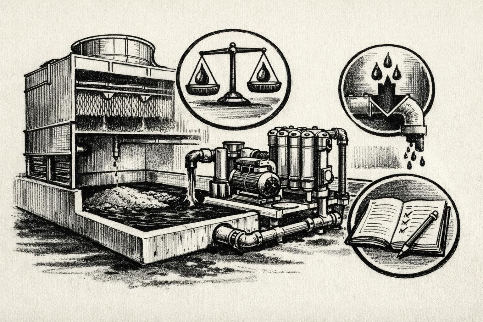 Monochrome editorial illustration of a cooling tower basin with sediment, a side-stream filtration skid and maintenance notes.