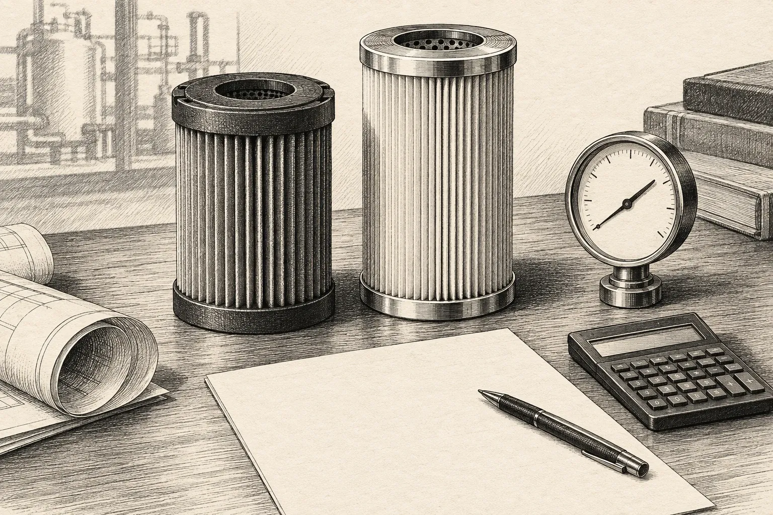 Pen-and-ink illustration of two filter cartridges, a blank worksheet, calculator and pressure gauge on an engineer’s desk.