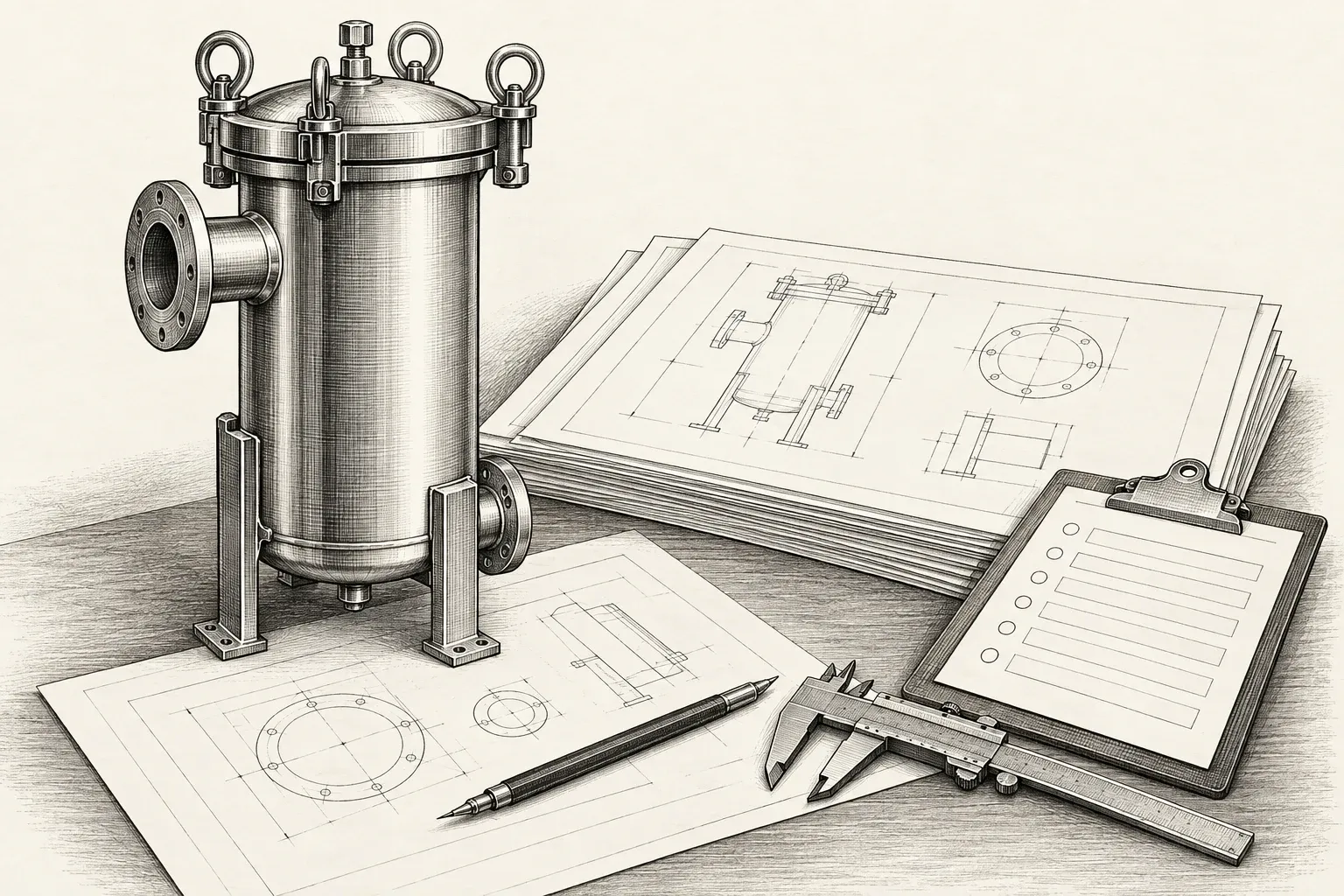 Bag filter housing beside engineering drawings, a checklist, and measuring tools.