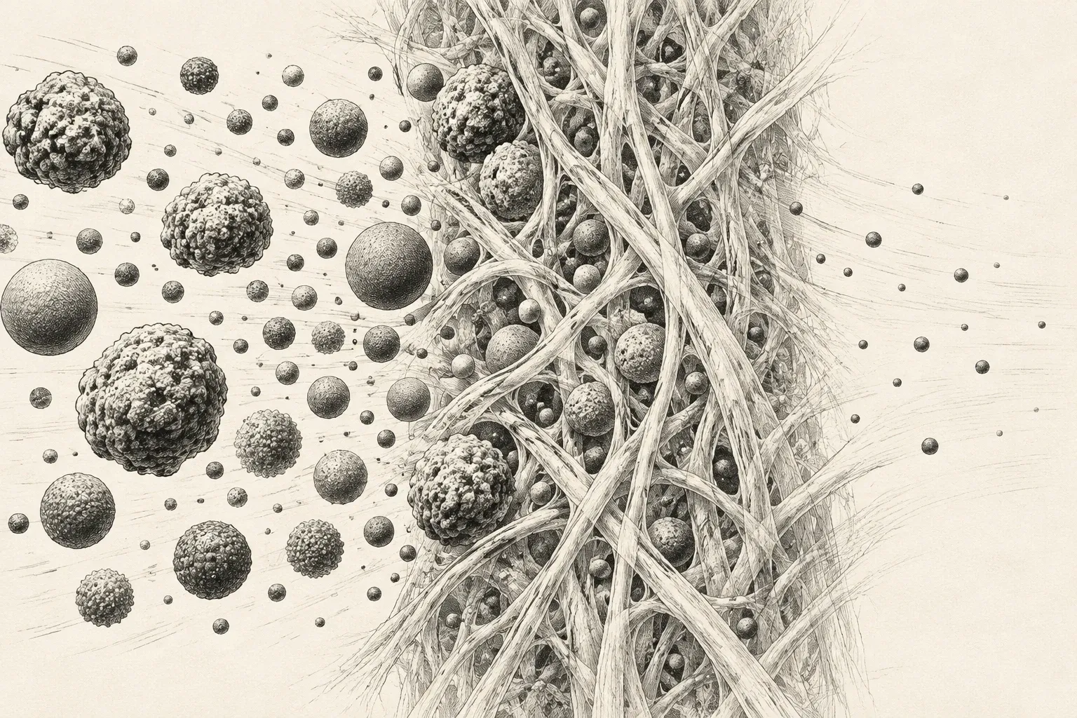 Conceptual illustration of differently sized particles passing through fibrous filter media.