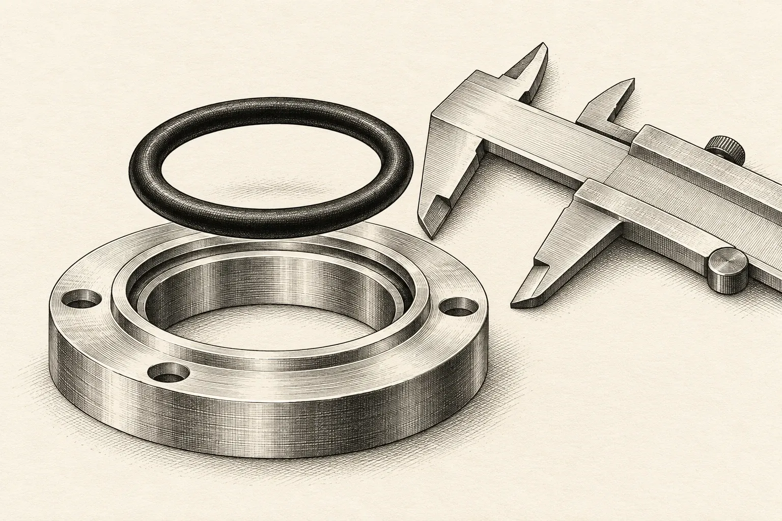 Exploded O-ring and groove illustration beside a caliper.