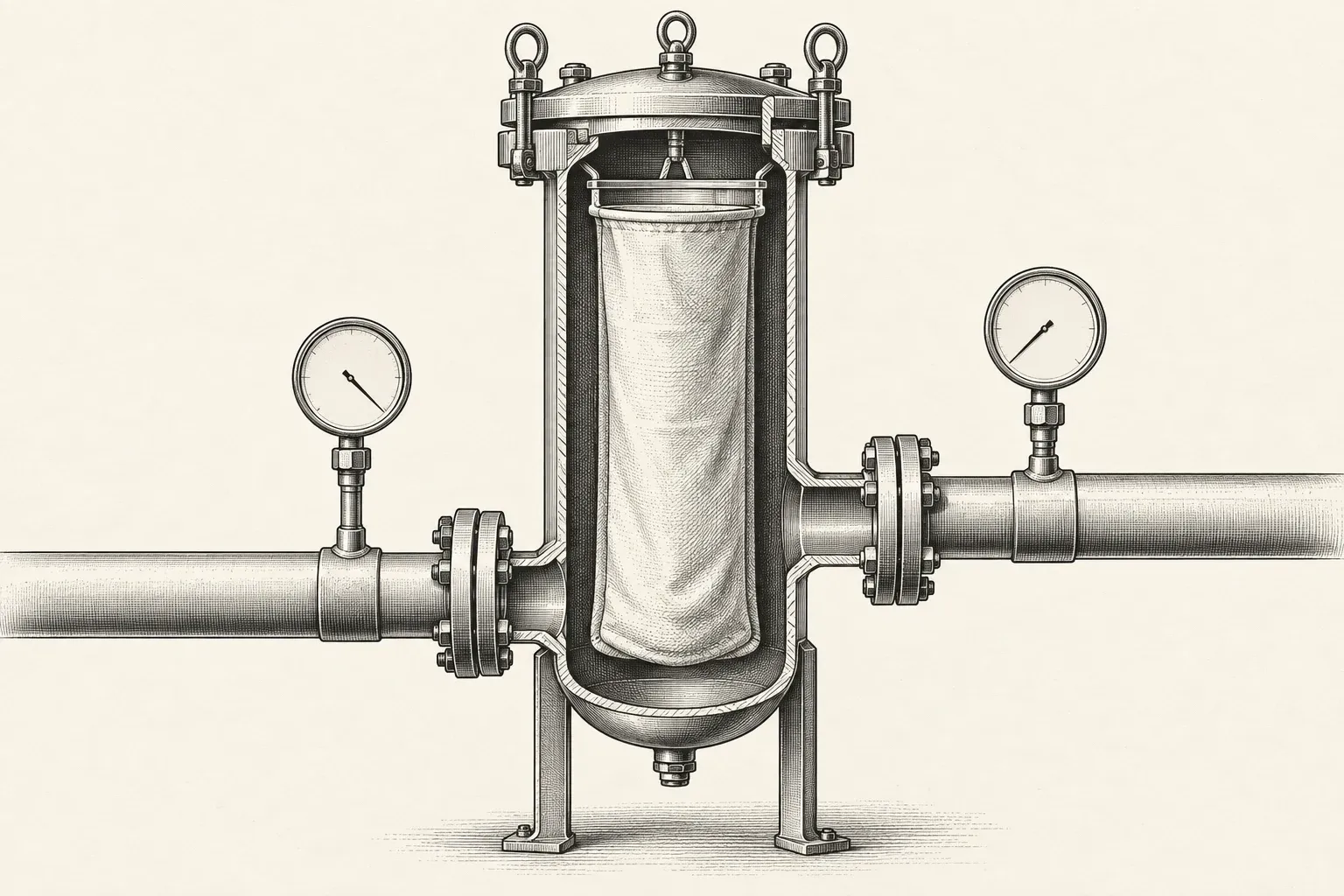 Conceptual cutaway of a bag filter housing with upstream and downstream pressure gauges.