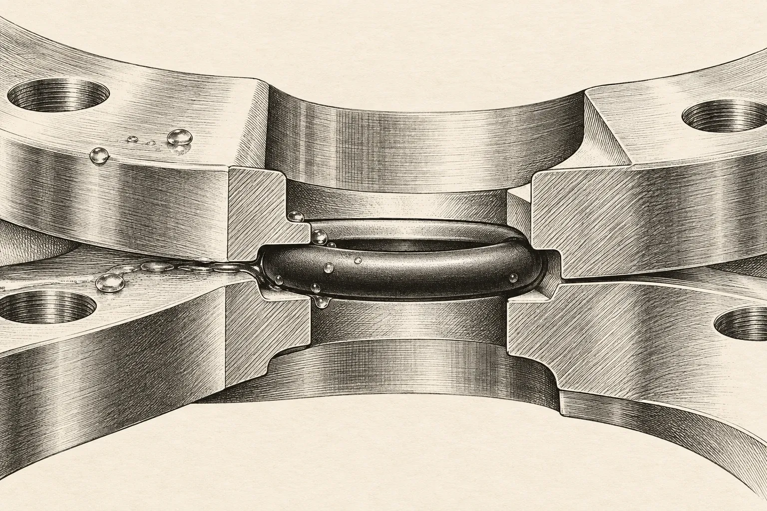 Conceptual ink illustration of an elastomer seal between machined flange faces.