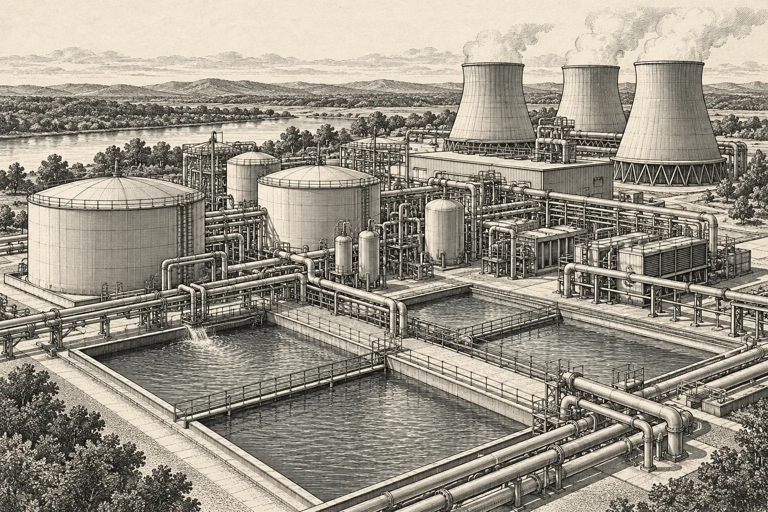 Pen-and-ink conceptual illustration of an industrial water reuse facility with cooling towers, tanks and pipework.
