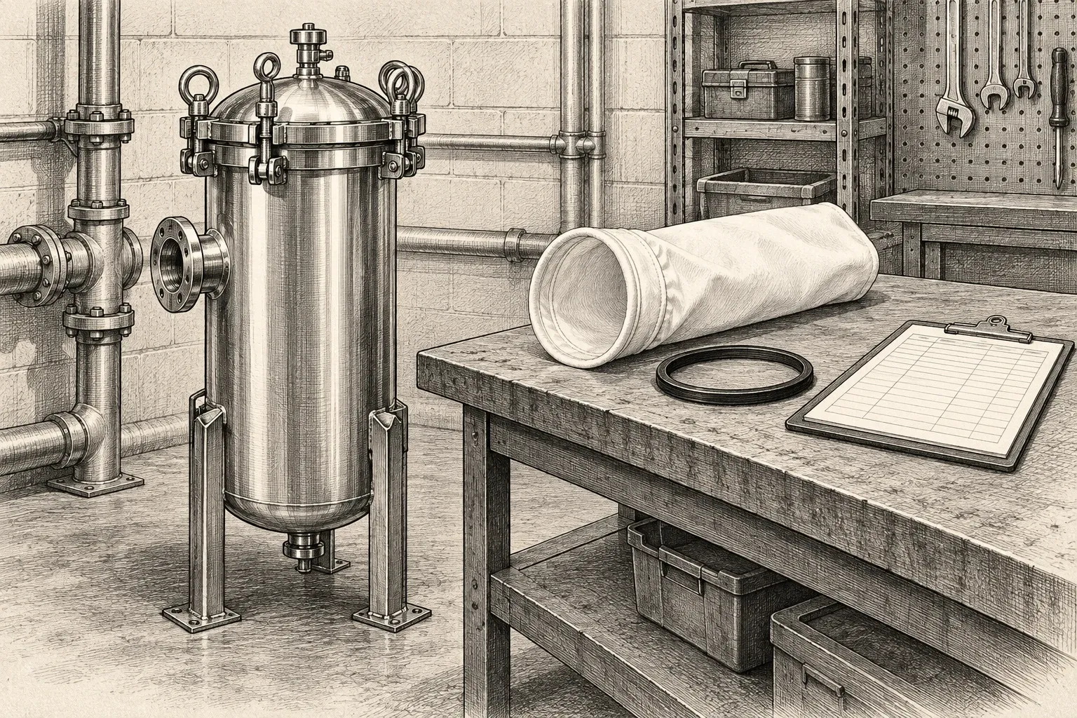 Pen-and-ink illustration of a closed bag filter housing, clean spare bag, gasket and blank maintenance log.