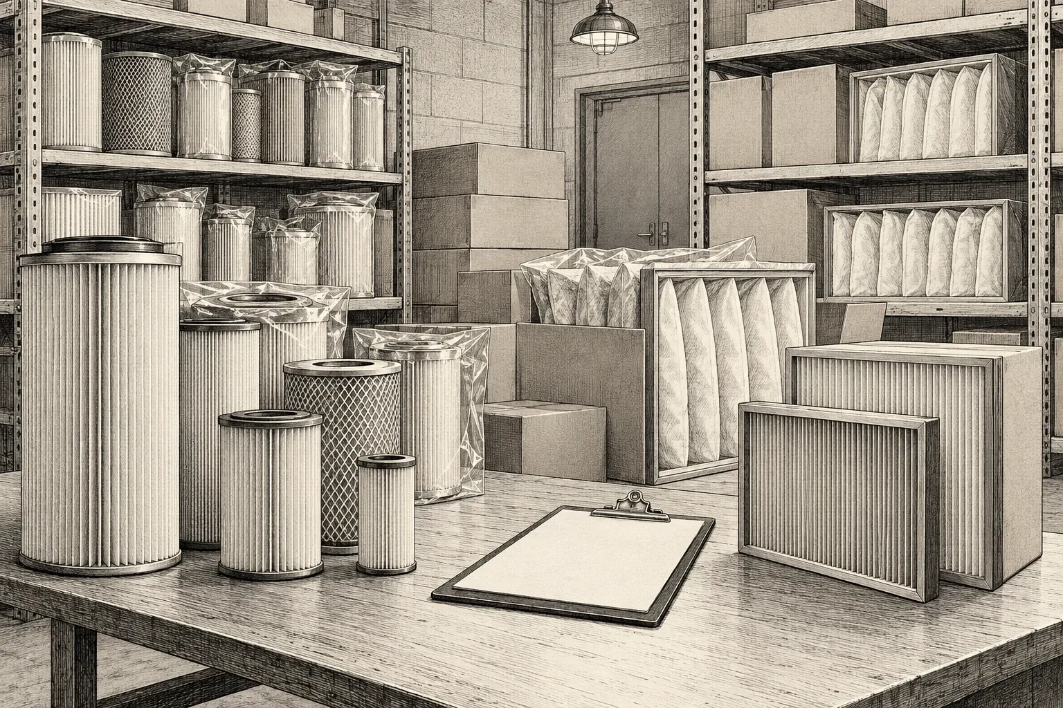 Pen-and-ink illustration of packaged filtration spares and a blank purchasing clipboard in an industrial storeroom.