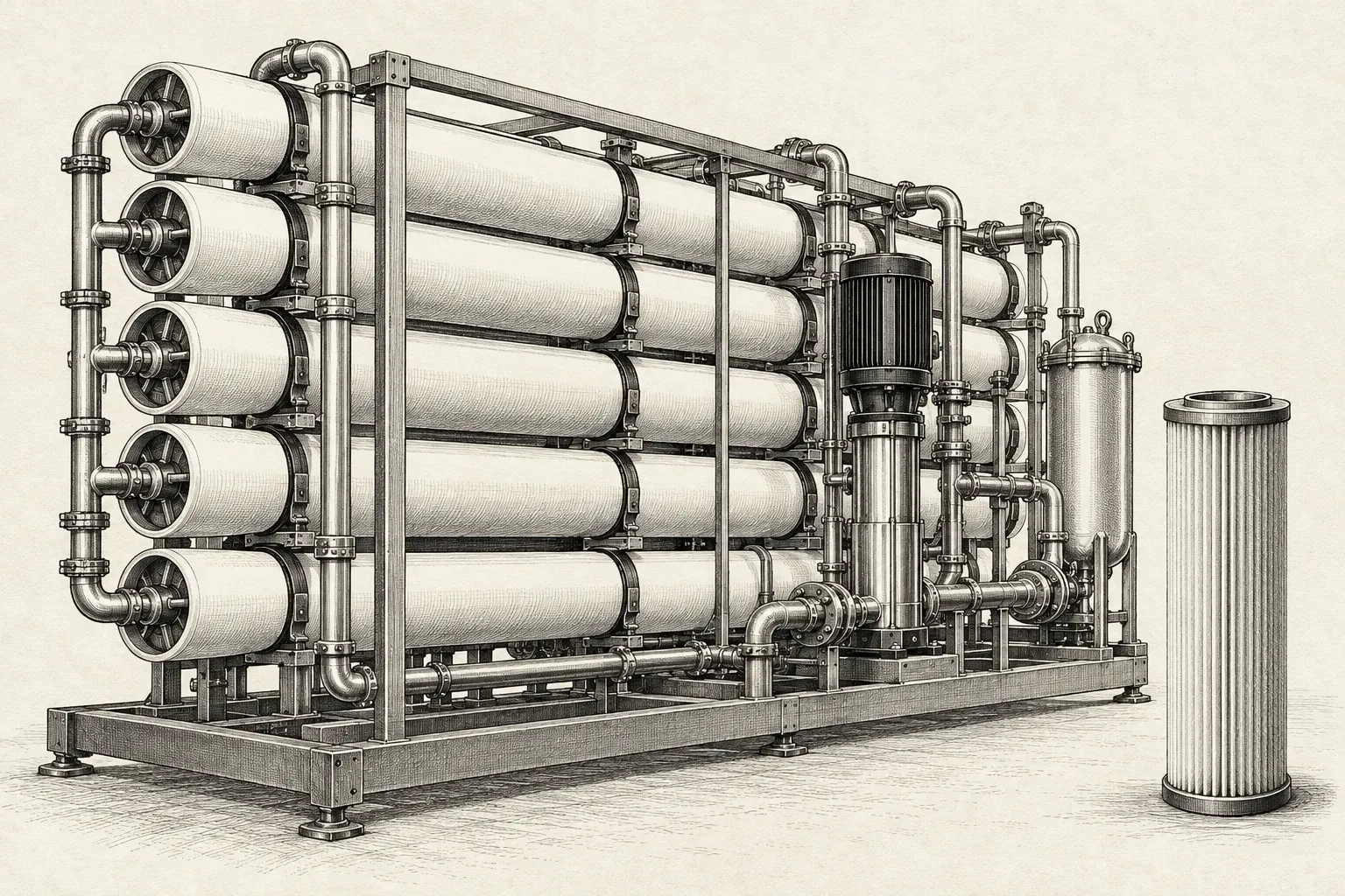 Pen-and-ink conceptual illustration of membrane treatment vessels and a separate filter cartridge.