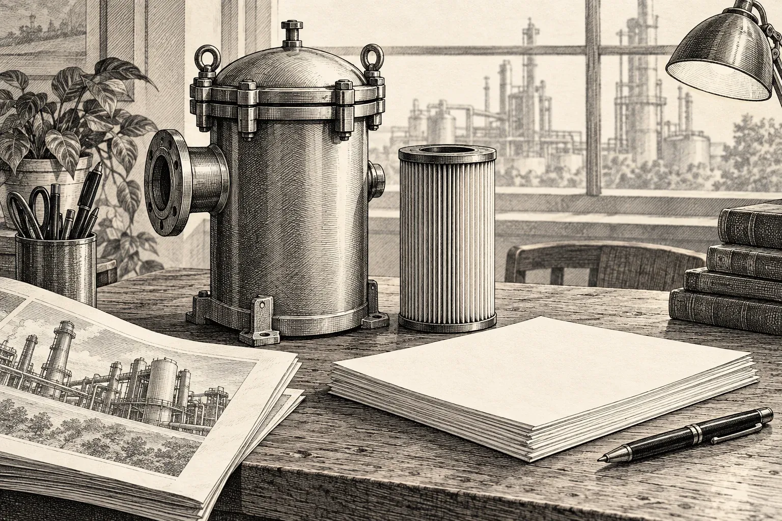 Pen-and-ink illustration of filtration samples and blank reference documents on an editorial workbench.